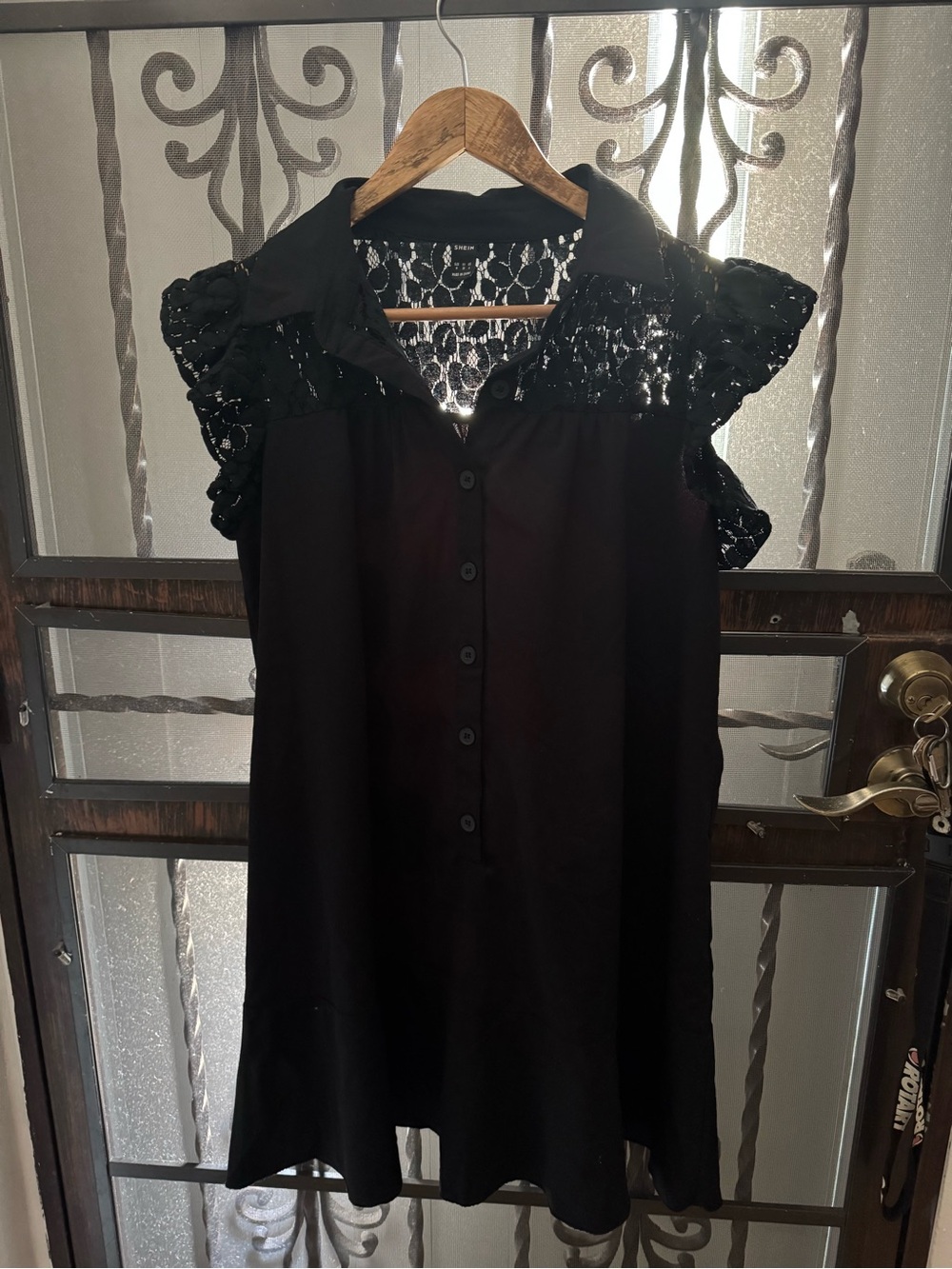 SHEIN Black Lace-Yoke Button Front Tunic